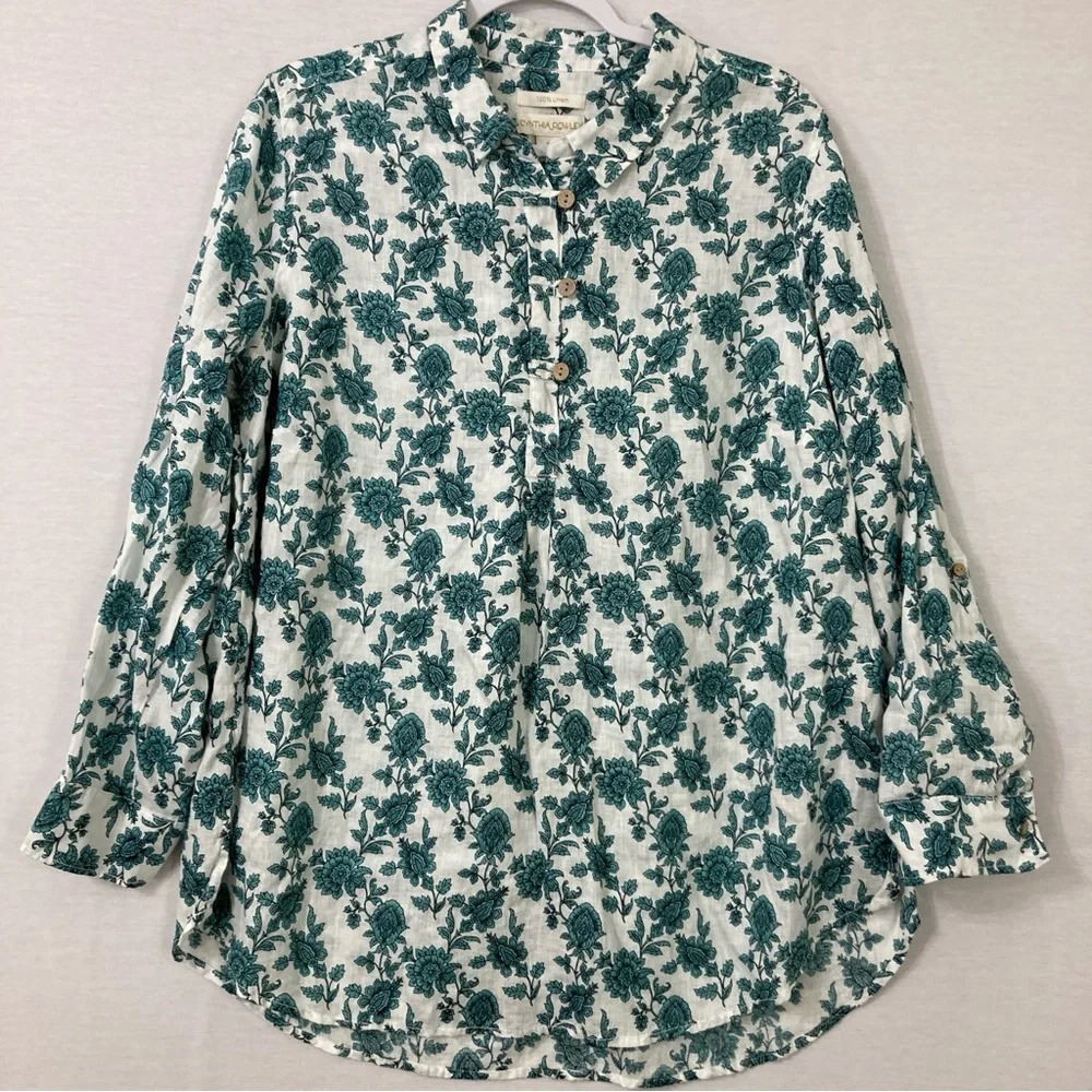 Cynthia Rowley 100% Linen Green White Floral Popover Tunic 1X